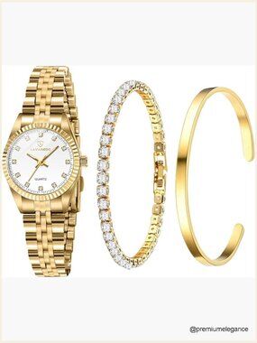 18K Gold Plated Bangle Watch Set with Bracelet Ring, Quartz Movement